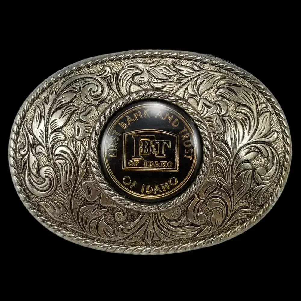 VTG FB&T Belt Buckle First Bank And Trust Of Idaho Western Filigree‎ Rope Edge
